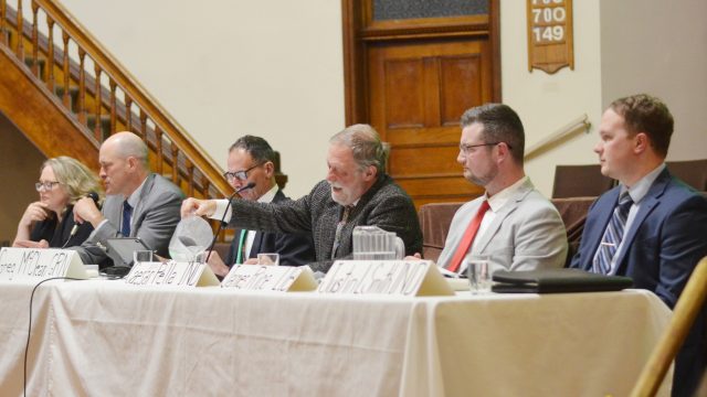 Last week, the Lakeshore Church in Goderich played host to one of numerous Huron-Bruce All-Candidates meetings for the upcoming federal election. From left: NDP candidate Melanie Burrett, incumbent Conservative MP Ben Lobb, Green Party candidate Greg McLean, Independent candidate Caesar Salad Pella, Liberal candidate James Rice and Independent candidate Justin Smith. (Denny Scott photo)