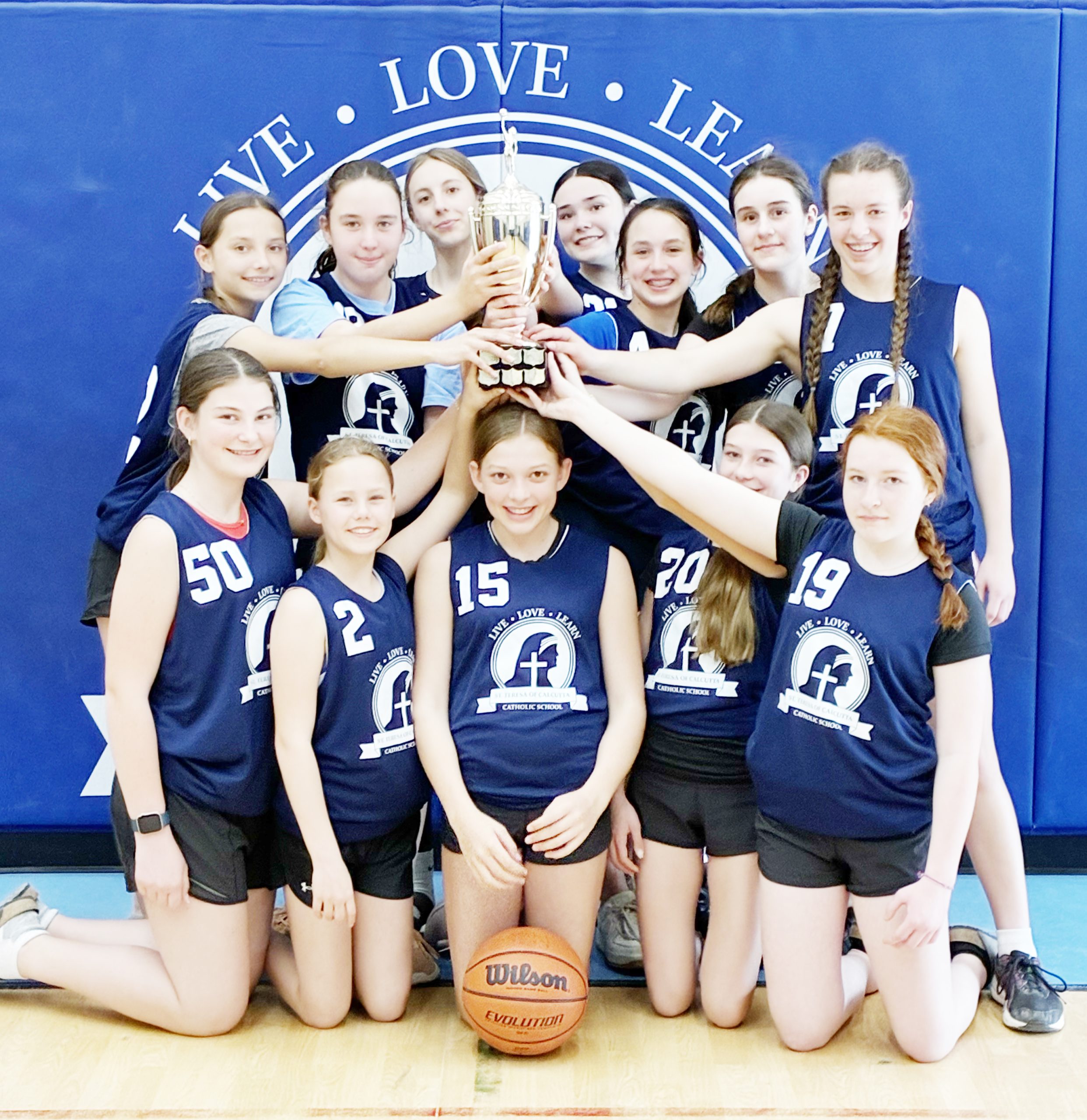 The Senior Girls basketball team from St. Teresa of Calcutta CatholicSchool in Walkerton scored a perfect day at the Bruce-Grey Catholic District School Board pool A tournament late last month. The team downed Kincardine, Hanover, Formosa and Owen Sound, winning each game by a double-digit divide. Back row, from left are Emma Wilken, Gabriella Frank, Avery Battle, Payten Lorely, Leah Spitzig, Garyn Abell and Ava Batte. Front row: Rachel Holm, Reese Wlson, Adelynn Ernest, Ottilia Cartwright and Kerissa Proctor. (Contributed photo)