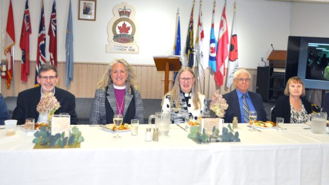 Members, family and friends of Trinity Evangelical Lutheran Church, Walkerton, marked the 145th anniversary with a worship service the afternoon of Sunday, May 4, followed by a dinner at the Royal Canadian Legion Hall. The celebration was attended by close to 100 people. Seated at the head table are Sylvia McLeod and Rev. Kevin McLeod (Rev. Kevin grew up in the congregation), Bishop Carla Blakely of the Eastern Synod of the Evangelical Lutheran Church in Canada, Rev. Pamela McNeil, Paul McNeil, Shirley Mullen and Stephen Mullen – the MC. (Pauline Kerr photo)