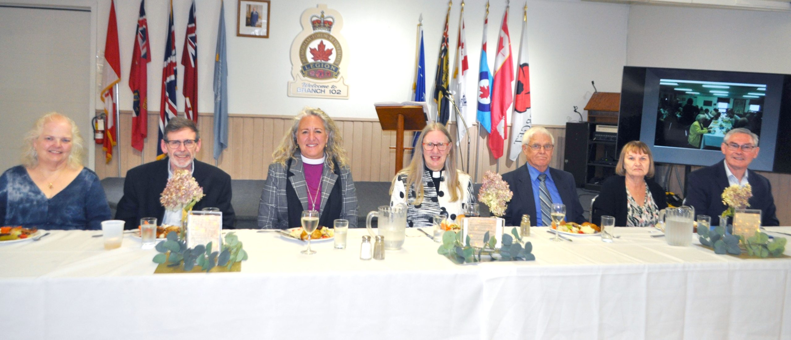 Members, family and friends of Trinity Evangelical Lutheran Church, Walkerton, marked the 145th anniversary with a worship service the afternoon of Sunday, May 4, followed by a dinner at the Royal Canadian Legion Hall. The celebration was attended by close to 100 people. Seated at the head table are Sylvia McLeod and Rev. Kevin McLeod (Rev. Kevin grew up in the congregation), Bishop Carla Blakely of the Eastern Synod of the Evangelical Lutheran Church in Canada, Rev. Pamela McNeil, Paul McNeil, Shirley Mullen and Stephen Mullen – the MC. (Pauline Kerr photo)