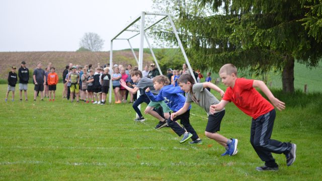Athletes from Hillcrest school in Teeswater line up for a 100-metre dash.