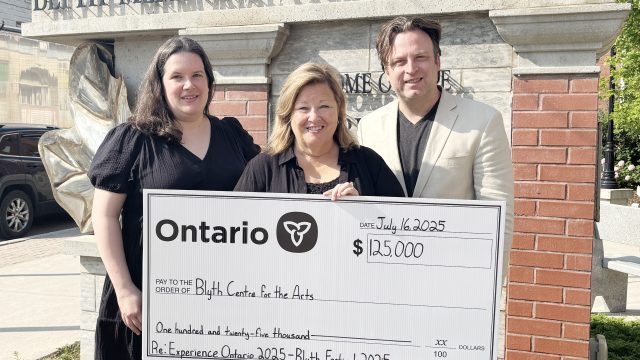 The Blyth Centre for the Arts received $125,000 through the 2025 Experience Ontario program, which will help to fund the Blyth Festival’s 2025 season. From left, are Blyth Festival General Manager Rachael King, Huron-Bruce MPP Lisa Thompson presenting the funds from the provincial program and Blyth Festival Artistic Director Gil Garratt. (Contributed photos)