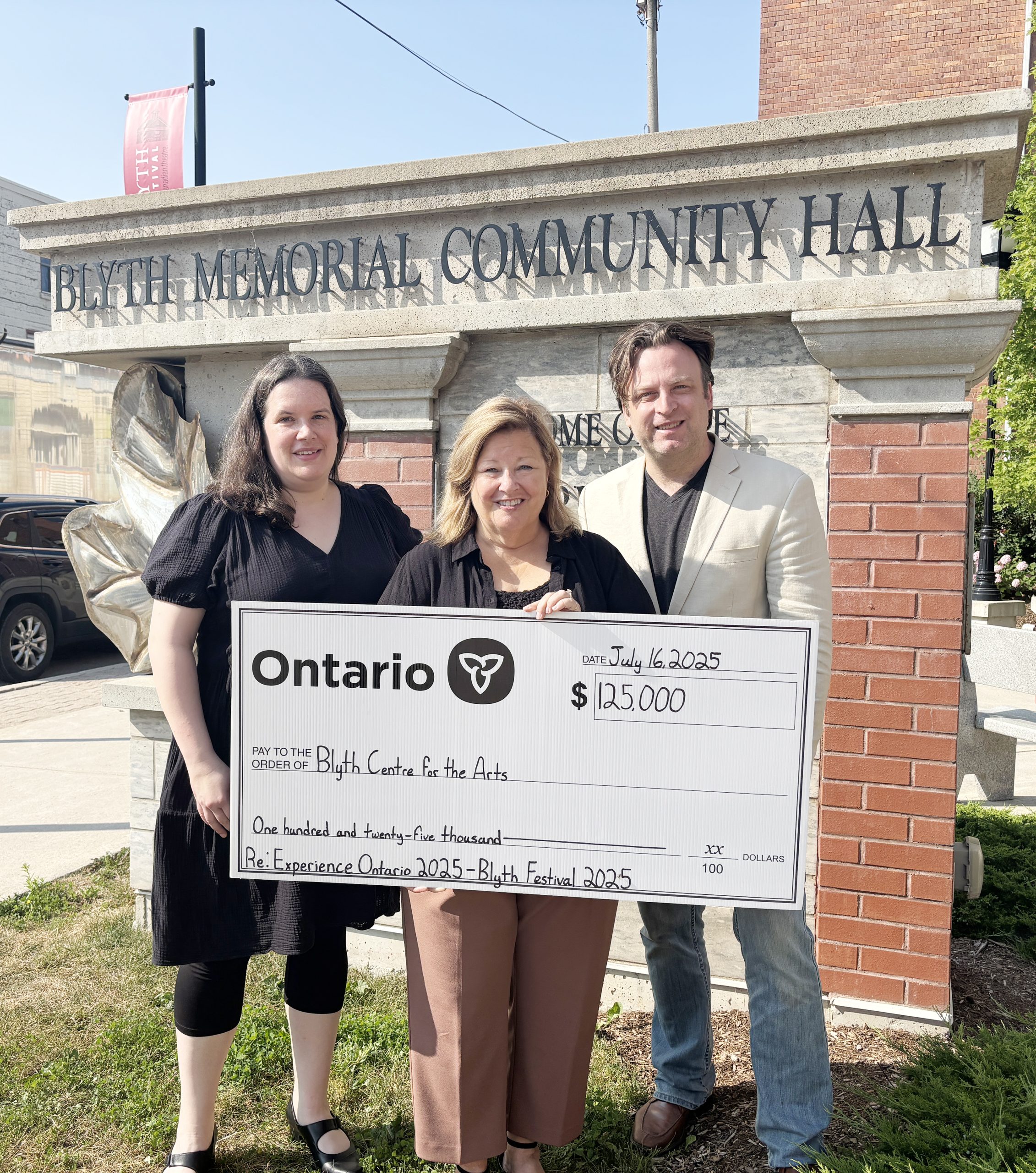 The Blyth Centre for the Arts received $125,000 through the 2025 Experience Ontario program, which will help to fund the Blyth Festival’s 2025 season. From left, are Blyth Festival General Manager Rachael King, Huron-Bruce MPP Lisa Thompson presenting the funds from the provincial program and Blyth Festival Artistic Director Gil Garratt. (Contributed photos)