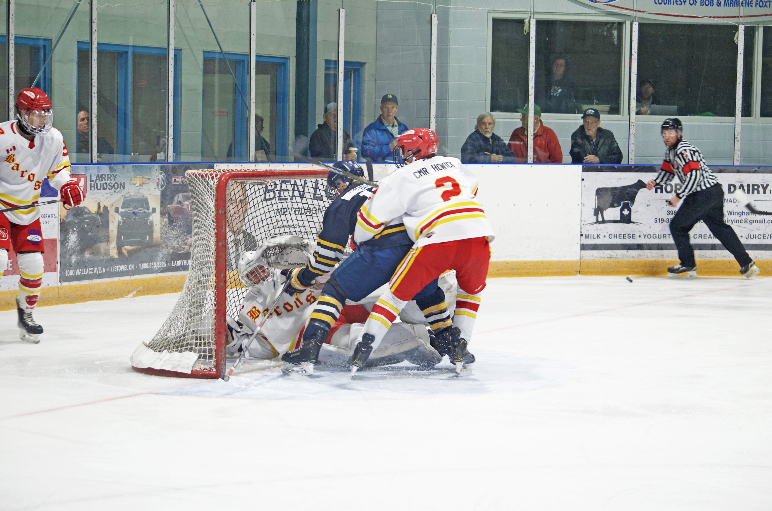 The Ironmen faced off against the Hanover Barons at home on Oct. 11. Pictured is Barons’ defenceman Robert Nicholson fending off Ironman forward Noah Wettlaufer during an attempt at a goal on the Barons’ net. Barons took the win with a final score of 4 - 1. (Rachel Hammermueller photo)
