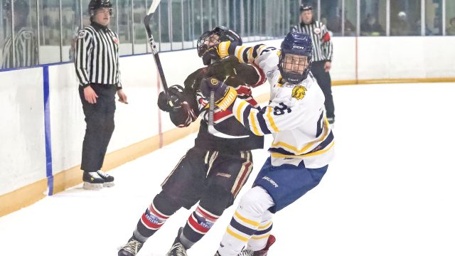 The Wingham Ironmen struggled during a game against the Mitchell Hawks in PJHL action on Jan. 9 in Wingham, losing 5-1. This was the second of three losses over the last week, which has seen the Ironmen fall further behind the pack and remain in last place. (Nicole Beswitherick photo)