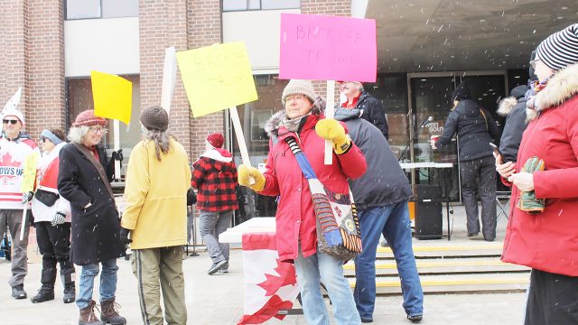 Contributed photos The No Tyrants protest, aimed at highlighting autocratic activities, specifically those in the United States, that was held in Owen Sound late last month brought over 50 protestors to Owen Sound’s city hall. Co-organizer Kevin Larson was very happy with the turnout, especially compared to another political protest around the same time.